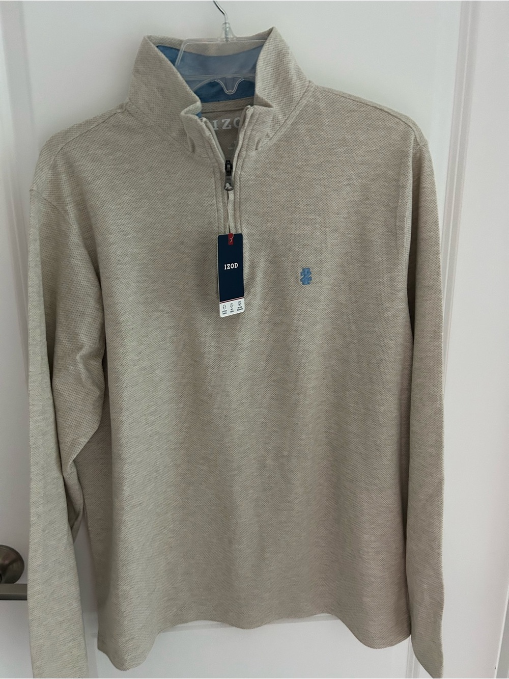 Izod Men's Light Beige Quarter-Zip Pullover with Blue Logo